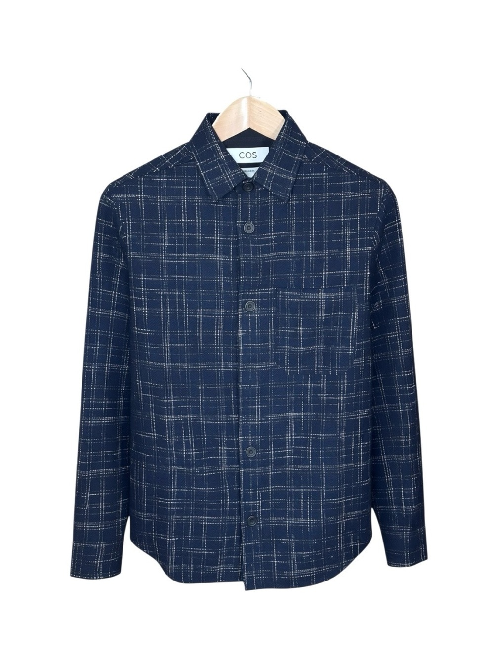 COS Navy Blue Wool Blend Grid Overshirt Jacket Relaxed Fit Size TP US XS S